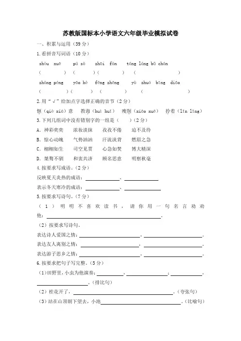 苏教版语文六年级下册小升初毕业模拟卷8