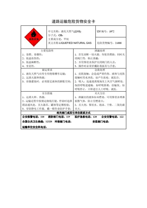 道路运输危险货物安全卡(LNG液化天然气)
