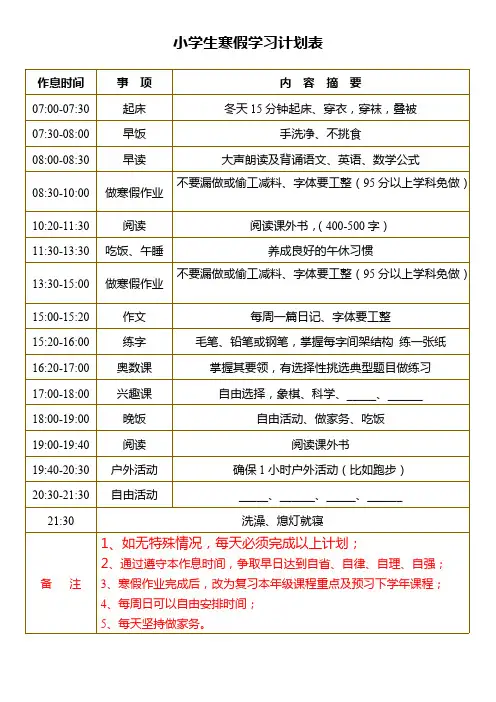 (完整版)小学生寒假学习计划表