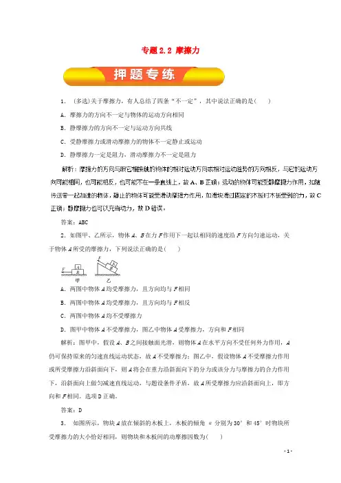 2018年高考物理一轮复习专题22摩擦力押题专练!