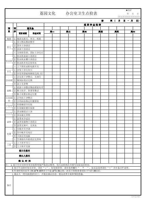 办公室卫生点检表
