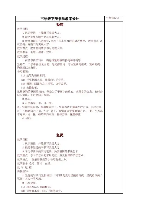 2020年部编版三年级语文下册全册书法课教案设计(Word表格版)