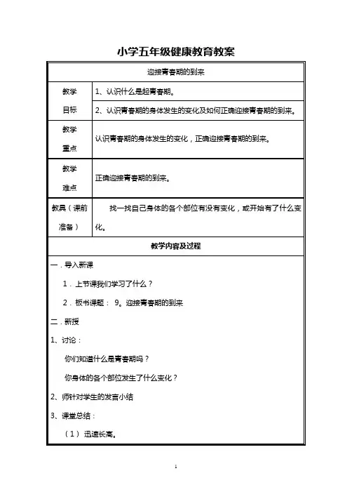 小学五年级健康教育教案 2
