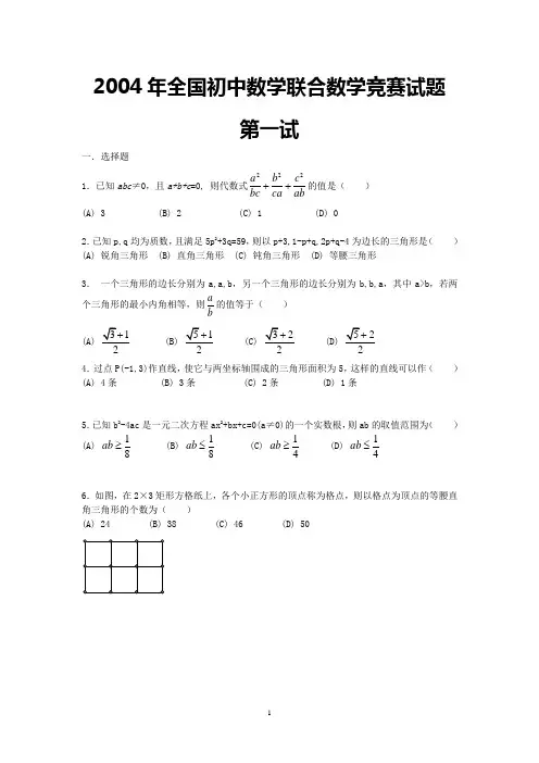 2004年全国初中数学联合数学竞赛试题