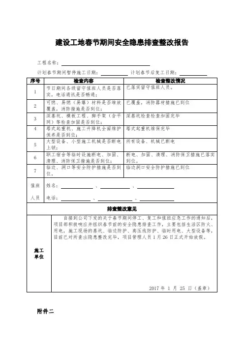 节前停工及节后复工安全隐患排查表