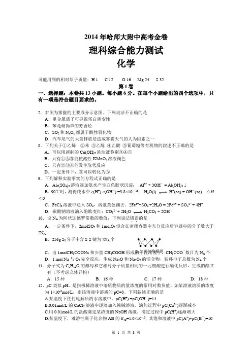 黑龙江省哈师大附中2014届高三金卷 (理综化学)