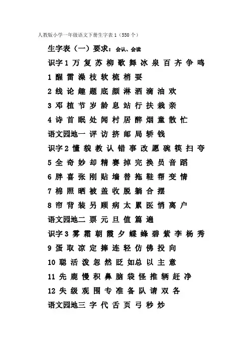 人教版小学一年级语文下册生字表1