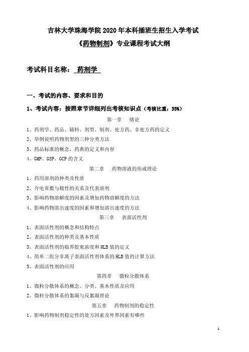 026药物制剂专业-药剂学-本科插班生考试大纲-2020