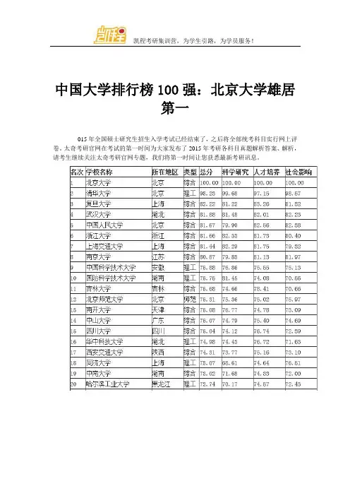 中国大学排行榜100强：北京大学雄居第一