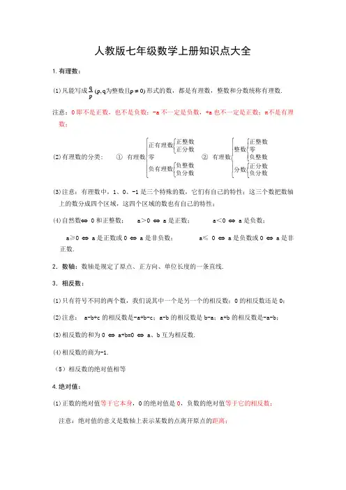 七年级人教版数学上册知识点大全