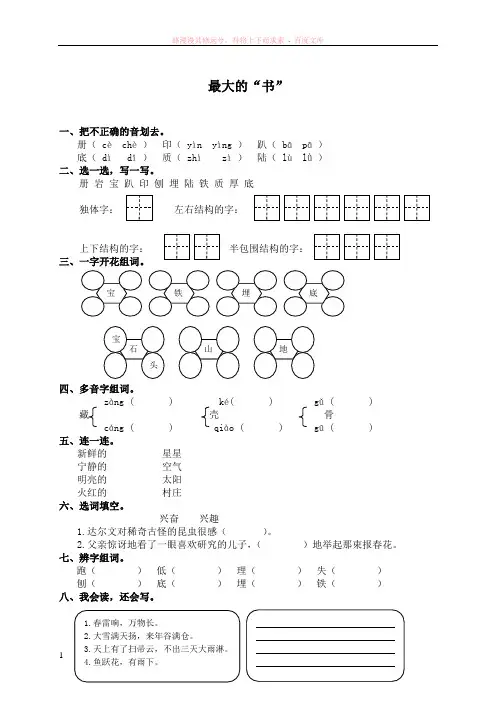 人教新课标)二年级语文下册最大的“书”1(课课过关)(同步练习)(习题精选)课后练习(课后习题)
