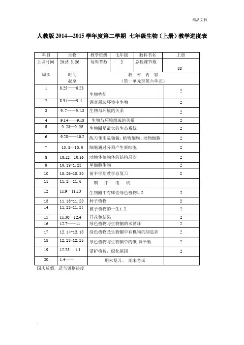 人教版七年级生物(上册)教学进度表