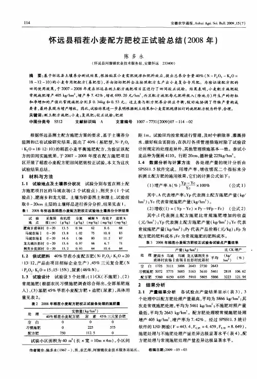 怀远县稻茬小麦配方肥校正试验总结(2008年)
