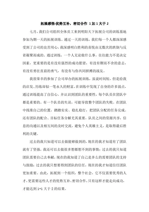 拓展感悟：优势互补,密切合作 1加1大于2