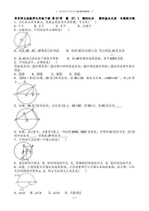 华师大版九年级数学下册 第27章 圆  27.1 圆的认识   圆的基本元素  专题练习题.docx