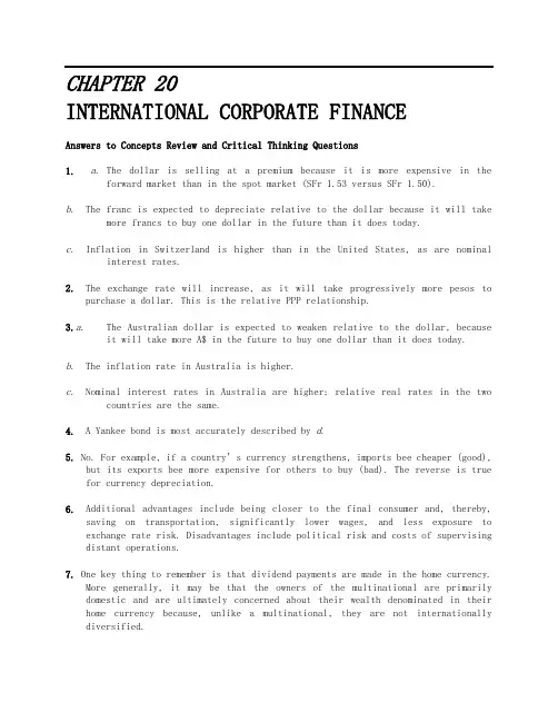 英文版罗斯公司理财习题答案Chap020