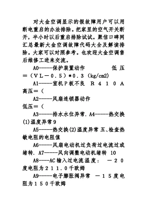最新大金空调故障代码汇总大全与解释排除办法