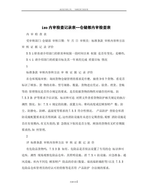 ISO内审检查记录表--仓储部内审检查表