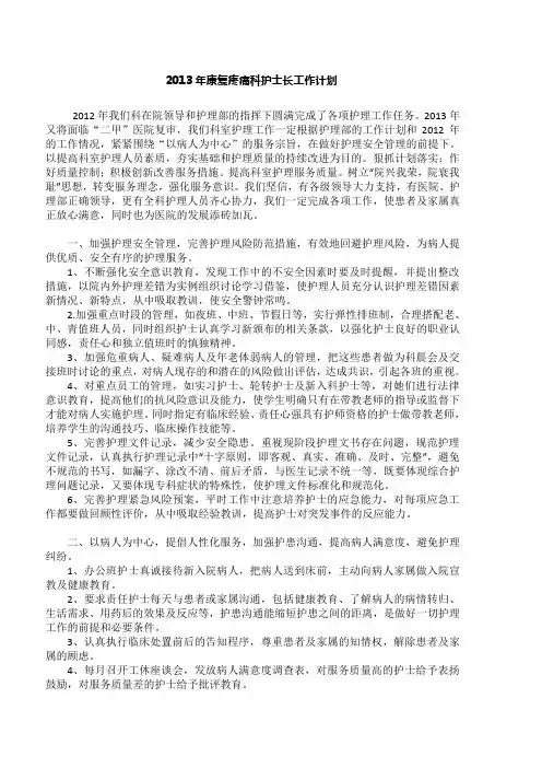 2013年康复科护理工作计划