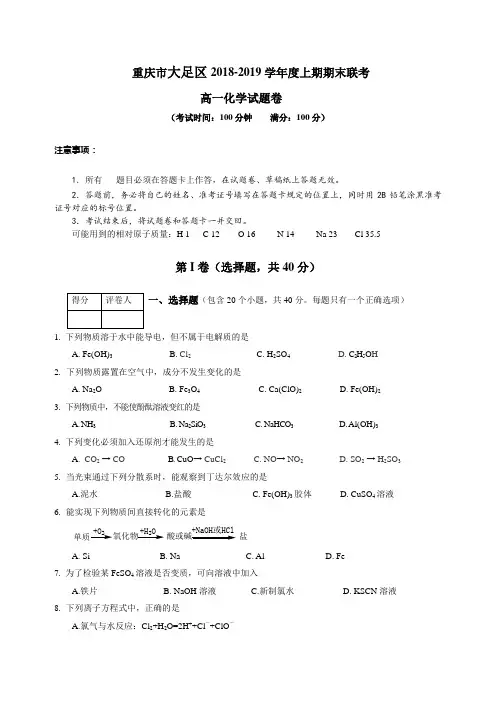 重庆市大足区2018-2019学年高一上学期期末考试化学试题 Word版含答案
