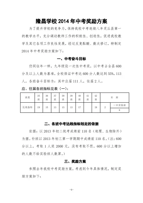 隆昌学校2014年中考奖励方案