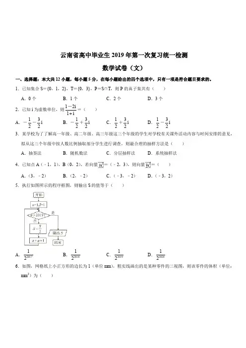 2019年云南省第一次高中毕业生复习统一检测文科数学(含答案)