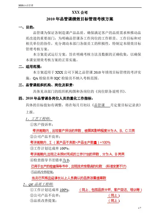 2010年-品管课考核方案
