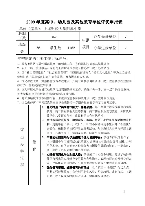 2009年度高中、幼儿园及其他教育单位评优申报表