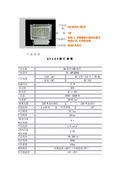 LED投影灯技术参数