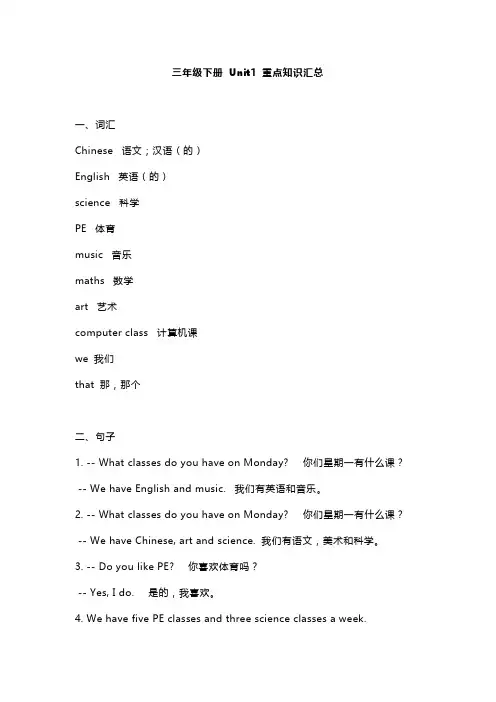 人教英语三年级下册第1单元重点知识总结