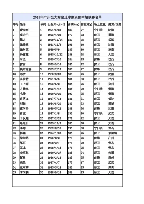 2015赛季中超球员名单(全)打印版