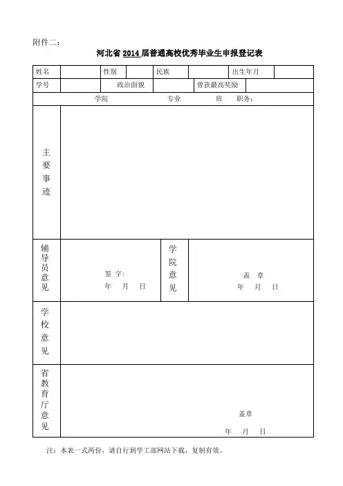 2014普通高校优秀毕业生申报表