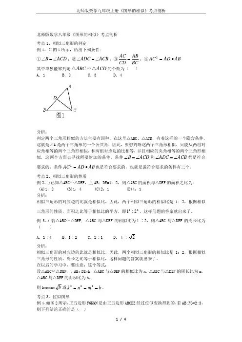 北师版数学九年级上册《图形的相似》考点剖析