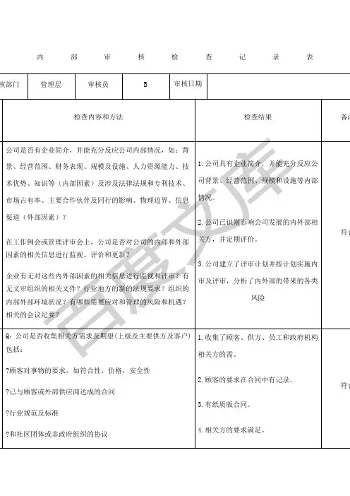 内部审核检查记录表