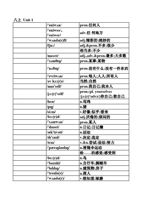 八年级上册英语单词默写表