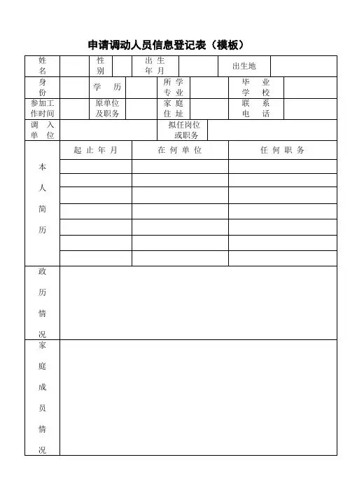 申请调动人员信息登记表(模板)
