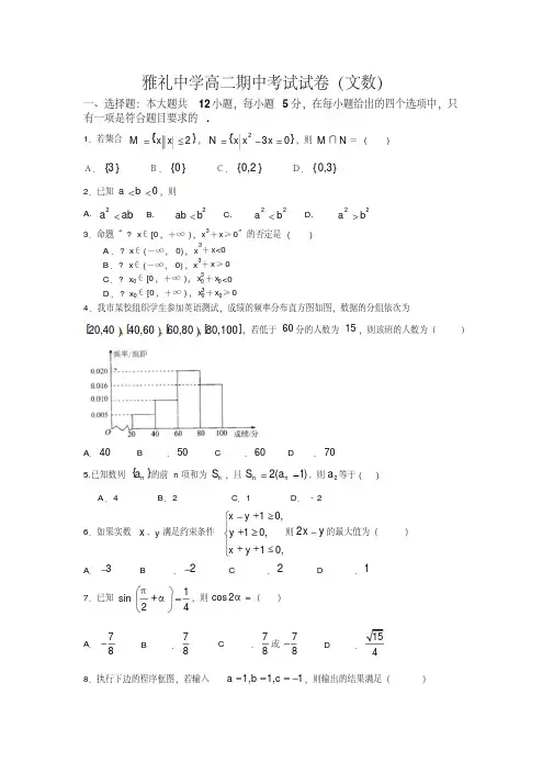 雅礼中学高二文科数学期中考试试卷及答案
