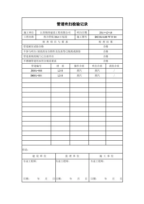 管道吹扫检验记录