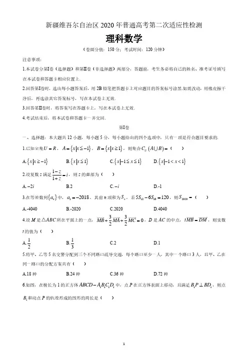 新疆2020年普通高考第二次适应性检测理科数学 含答案
