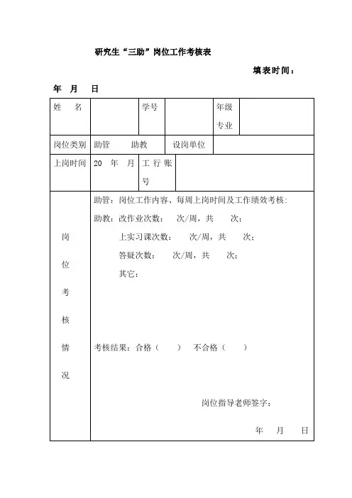 研究生三助岗位工作考核表