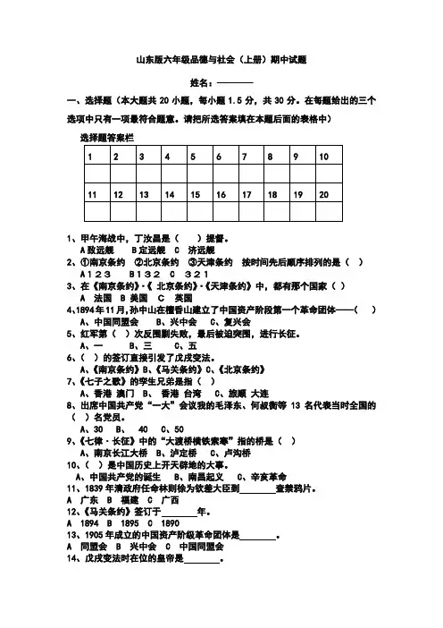 山东版六年级品德与社会上册期中试卷