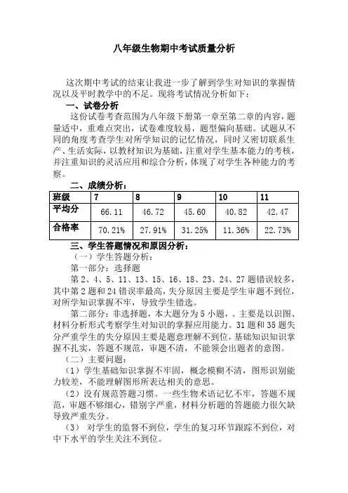 八年级生物期中考试质量分析