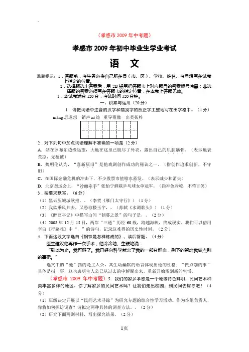 2019年湖北省孝感市中考语文试题(含答案)