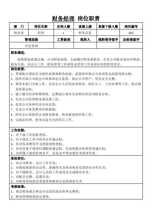 中层管理岗位说明书
