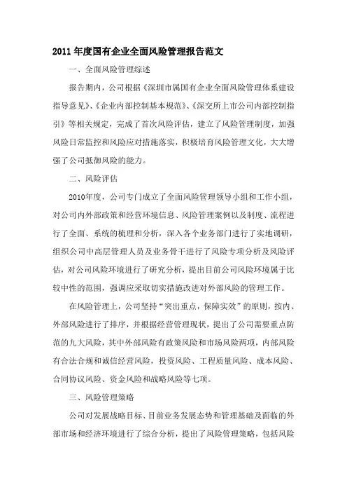 国有企业全面风险管理报告范文