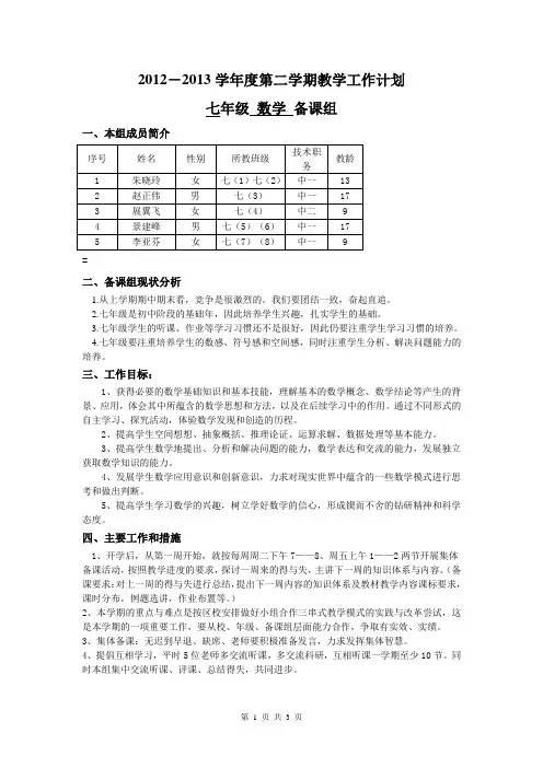 2012-2013学年第二学期七年级数学教学计划(李亚芬)