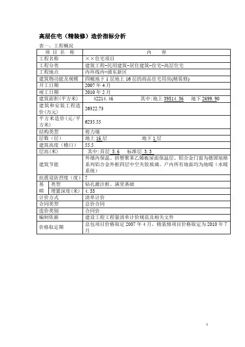 高层住宅(精装修)造价指标分析汇总