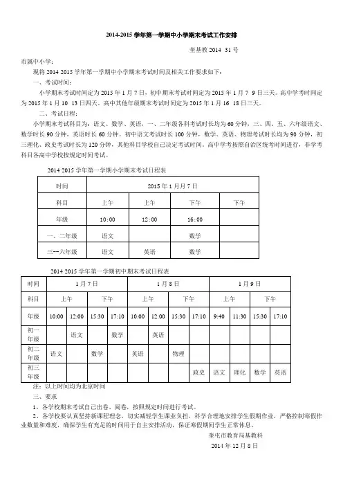 2015.元月期末考试时间安排