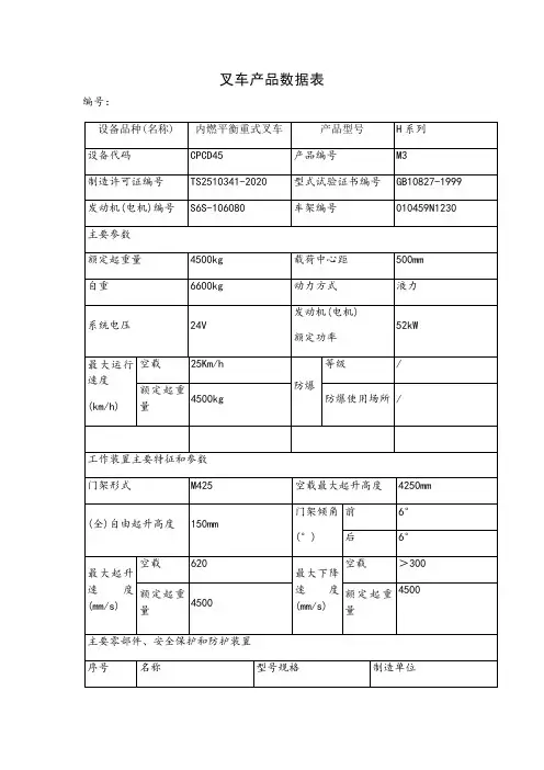 叉车产品数据表 2