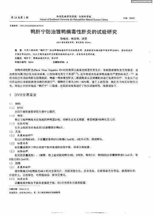 鸭肝宁防治雏鸭病毒性肝炎的试验研究